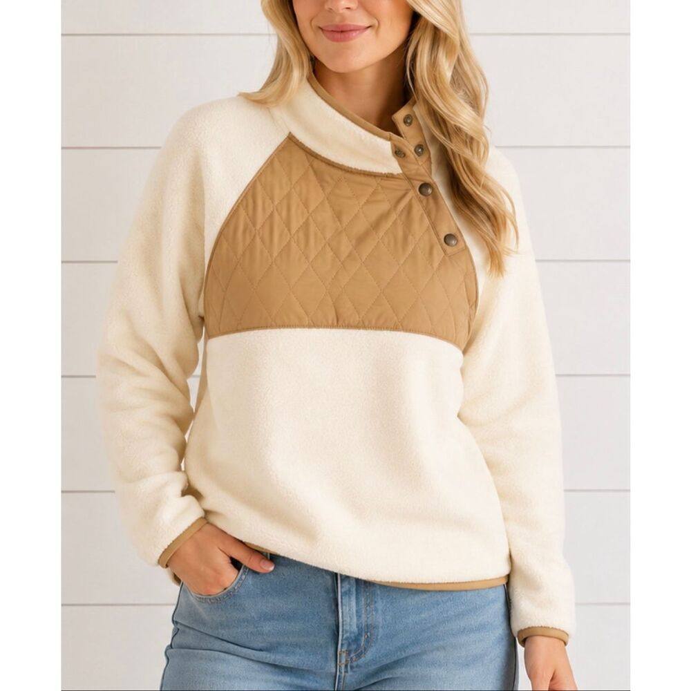 J.Crew white fleece quilted snap neck asymmetrical sweater M
